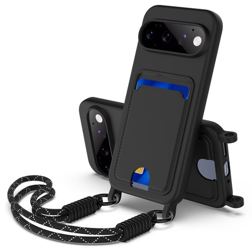 Google Pixel 11 Pro Integrated Card Bag Solid Color Liquid Silicone Phone Case Gen2 with Short Lanyard - Black
