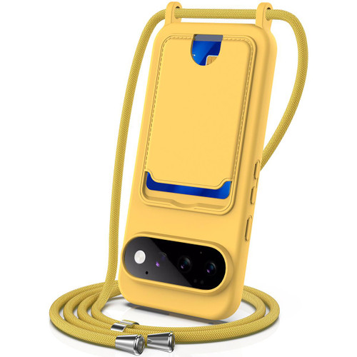 Google Pixel 11 Pro Integrated Card Bag Solid Color Liquid Silicone Phone Case with Lanyard - Yellow