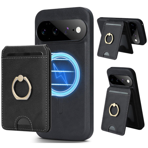 Google Pixel 11 Pro Kalebol Strong MagSafe Ring Magnetic Card Bag Holder Leather Phone Case - Black