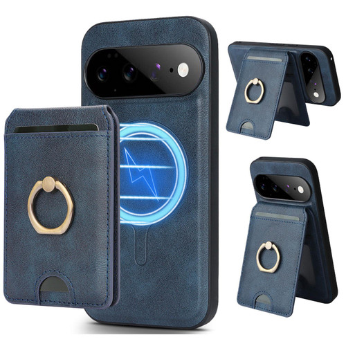 Google Pixel 11 Pro Kalebol Strong MagSafe Ring Magnetic Card Bag Holder Leather Phone Case - Blue