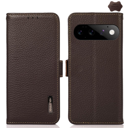 Google Pixel 11 Pro KHAZNEH Side-Magnetic Litchi Genuine Leather RFID Phone Case - Brown