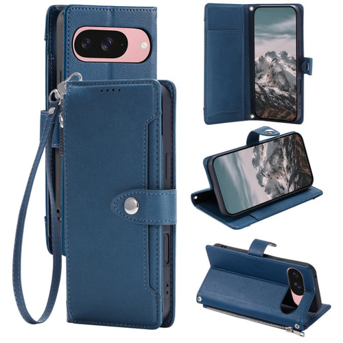 Google Pixel 11 Pro Litchi Texture Zipper Wallet Buckle Vegan Leather Phone Case with Wrist Strap - Blue