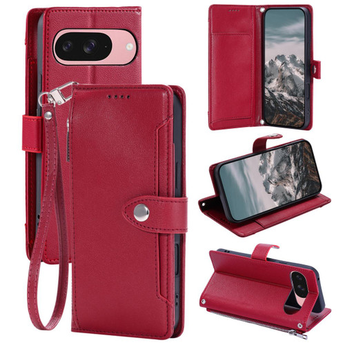 Google Pixel 11 Pro Litchi Texture Zipper Wallet Buckle Vegan Leather Phone Case with Wrist Strap - Red
