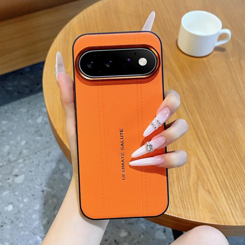 Google Pixel 11 Pro Metal Camera Lens Frame Buttons Vegan Leather Phone Case - Orange