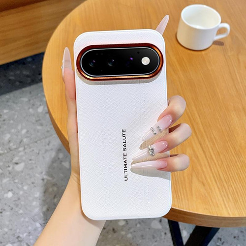 Google Pixel 11 Pro Metal Camera Lens Frame Buttons Vegan Leather Phone Case - White