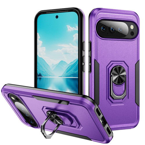 Google Pixel 11 Pro Pioneer Armor Heavy Duty PC + TPU Phone Case with Holder - Purple+Black