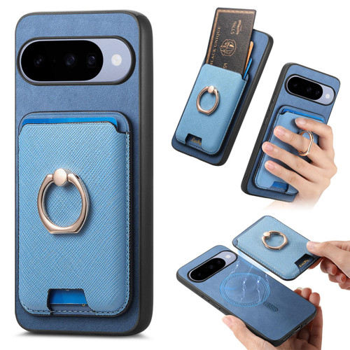 Google Pixel 11 Pro Retro Cross Leather Ring Vertical Insert Card Bag MagSafe Phone Case - Blue