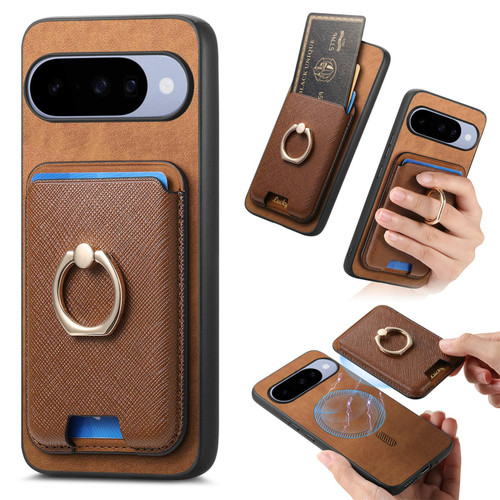 Google Pixel 11 Pro Retro Cross Leather Ring Vertical Insert Card Bag MagSafe Phone Case - Brown