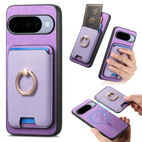Google Pixel 11 Pro Retro Cross Leather Ring Vertical Insert Card Bag MagSafe Phone Case - Purple