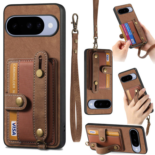 Google Pixel 11 Pro Retro Cross Wristband Wallet Leather Back Phone Case - Brown