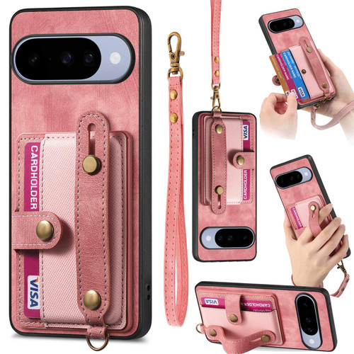 Google Pixel 11 Pro Retro Cross Wristband Wallet Leather Back Phone Case - Pink