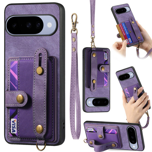 Google Pixel 11 Pro Retro Cross Wristband Wallet Leather Back Phone Case - Purple
