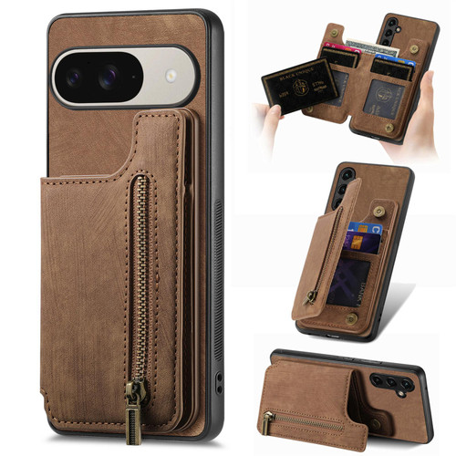Google Pixel 11 Pro Retro Leather Zipper Wallet Back Phone Case - Brown