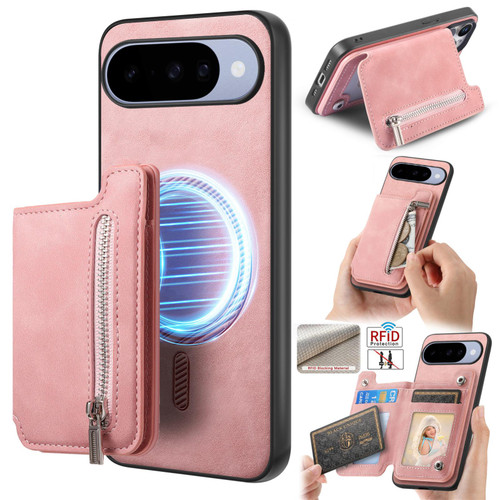 Google Pixel 11 Pro Retro MagSafe Zipper Wallet Card Bag Back Phone Case - Pink