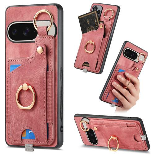 Google Pixel 11 Pro Retro Skin-feel Ring Card Bag Phone Case with Hang Loop - Pink