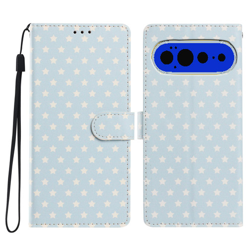 Google Pixel 11 Pro Star Pattern Magnetic Buckle Vegan Leather Phone Case with Wrist Strap - Blue