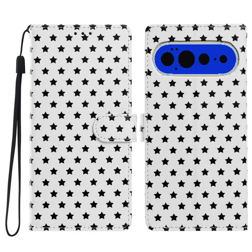 Google Pixel 11 Pro Star Pattern Magnetic Buckle Vegan Leather Phone Case with Wrist Strap - White