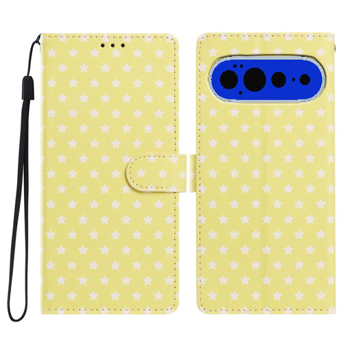 Google Pixel 11 Pro Star Pattern Magnetic Buckle Vegan Leather Phone Case with Wrist Strap - Yellow