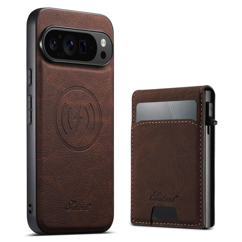 Google Pixel 11 Pro Suteni H19 Litchi Grain 2-in-1 Removable Card Box Back Phone Case - Brown