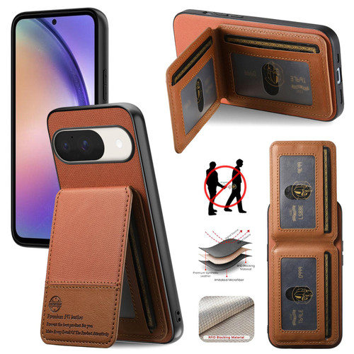 Google Pixel 11 Pro Twill Fabric Leather Vertical Flip RFID Card Bag Phone Case - Brown