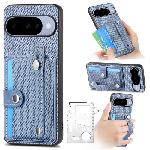 Google Pixel 11 Pro Wristband Kickstand Card Wallet Back Cover Phone Case with Tool Knife - Blue