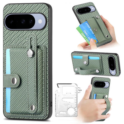 Google Pixel 11 Pro Wristband Kickstand Card Wallet Back Cover Phone Case with Tool Knife - Green