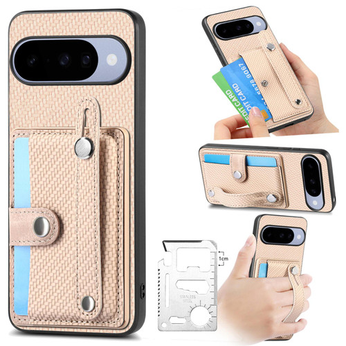 Google Pixel 11 Pro Wristband Kickstand Card Wallet Back Cover Phone Case with Tool Knife - Khaki