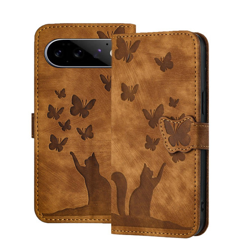 Google Pixel 11 Pro XL Butterfly Cat Embossing Flip Leather Phone Case - Brown