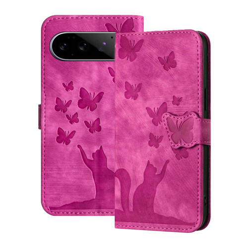 Google Pixel 11 Pro XL Butterfly Cat Embossing Flip Leather Phone Case - Pink