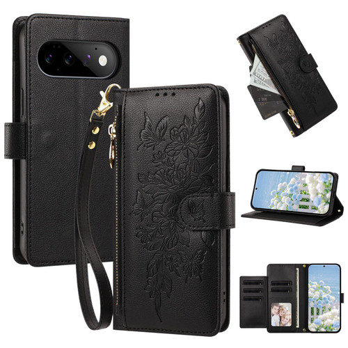 Google Pixel 11 Pro XL Butterfly Flower Zipper Wallet Vegan Leather Phone Case with Strap - Black