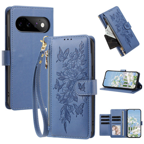 Google Pixel 11 Pro XL Butterfly Flower Zipper Wallet Vegan Leather Phone Case with Strap - Dark Blue