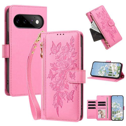 Google Pixel 11 Pro XL Butterfly Flower Zipper Wallet Vegan Leather Phone Case with Strap - Pink