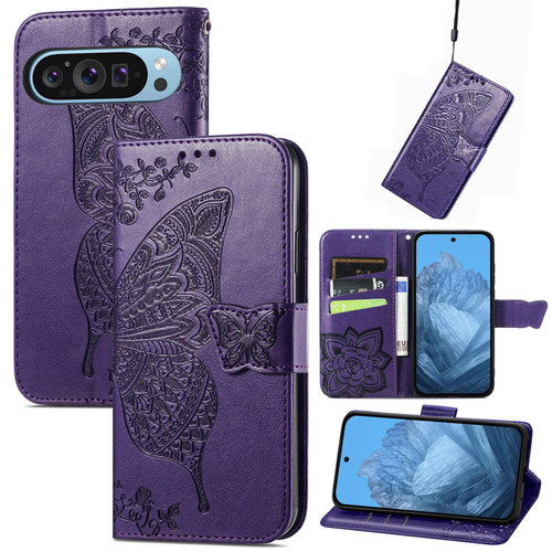 Google Pixel 11 Pro XL Butterfly Love Flower Embossed Leather Phone Case - Purple