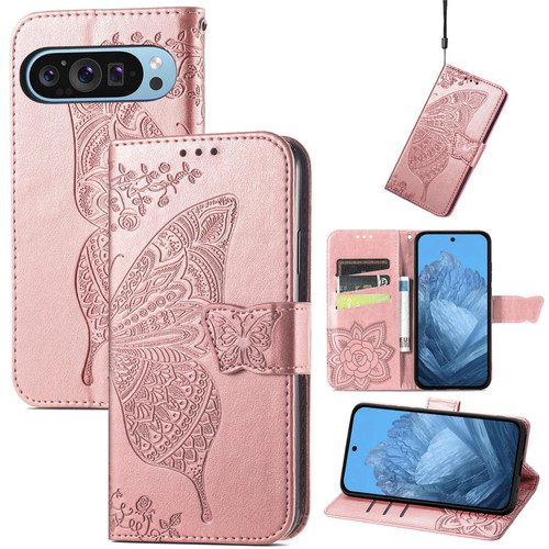 Google Pixel 11 Pro XL Butterfly Love Flower Embossed Leather Phone Case - Rose Gold
