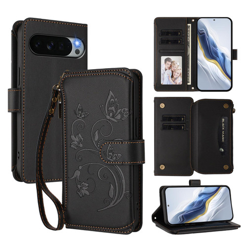 Google Pixel 11 Pro XL Butterfly Love Flower Multi-card Zipper Wallet Leather Phone Case - Black