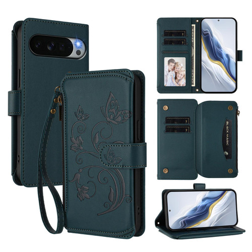 Google Pixel 11 Pro XL Butterfly Love Flower Multi-card Zipper Wallet Leather Phone Case - Dark Green