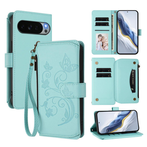 Google Pixel 11 Pro XL Butterfly Love Flower Multi-card Zipper Wallet Leather Phone Case - Mint Green