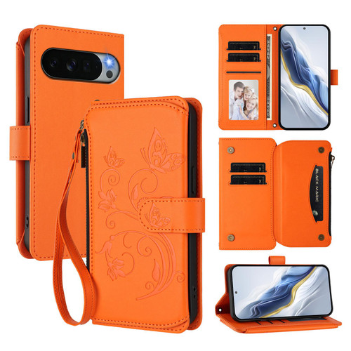 Google Pixel 11 Pro XL Butterfly Love Flower Multi-card Zipper Wallet Leather Phone Case - Orange