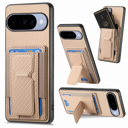 Google Pixel 11 Pro XL Carbon Fiber Fold Stand Elastic Card Bag Phone Case - Khaki