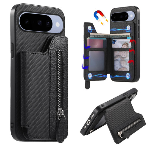 Google Pixel 11 Pro XL Carbon Fiber Horizontal Flip Zipper Wallet Phone Case - Black