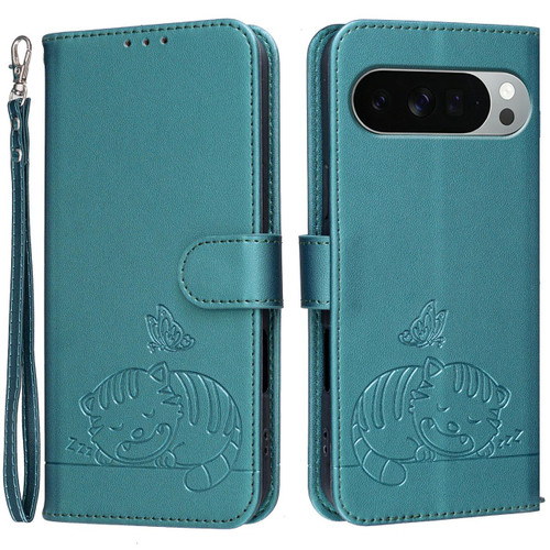 Google Pixel 11 Pro XL Cat Butterfly Embossed RFID Vegan Leather Phone Case with Strap - Dark Green