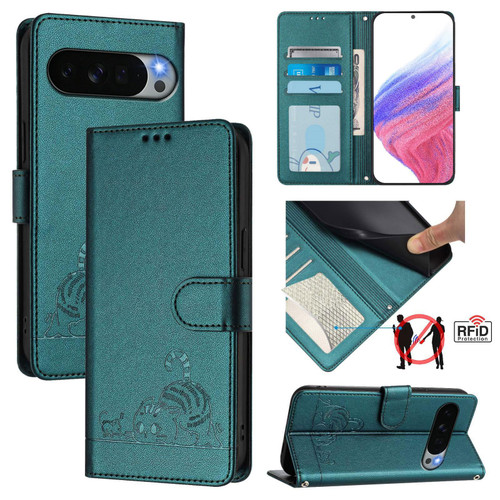 Google Pixel 11 Pro XL Cat Rat Embossed Pattern RFID Leather Phone Case with Lanyard - Peacock Green
