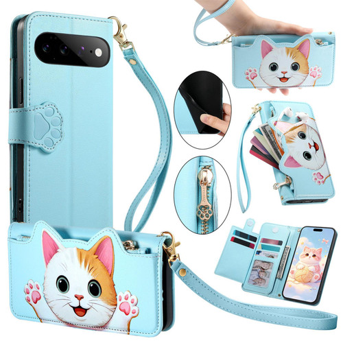 Google Pixel 11 Pro XL Cat-shaped Zipper Wallet Vegan Leather Phone Case with Strap - Blue