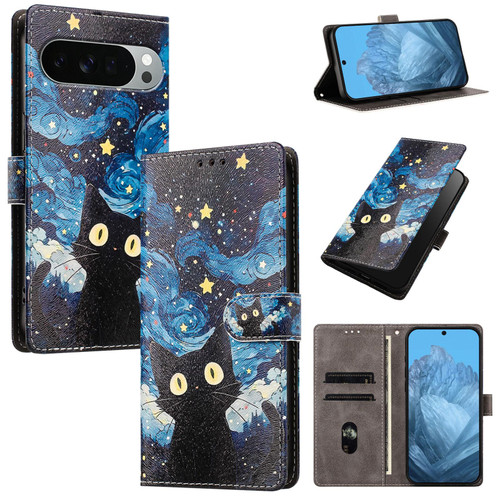 Google Pixel 11 Pro XL CH002 Colored Drawing Buckle Clasp Vegan Leather Phone Case - Star Cat