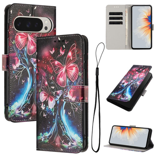 Google Pixel 11 Pro XL Color Drawing Pattern Leather Phone Case - Butterfly Tree