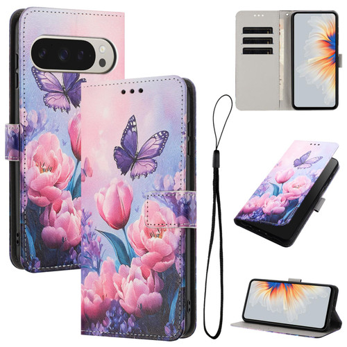 Google Pixel 11 Pro XL Color Drawing Pattern Leather Phone Case - Pink Butterfly