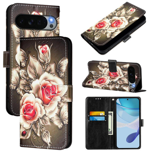 Google Pixel 11 Pro XL Colored Drawing Pattern Plain Weave Leather Phone Case - Roses On Black