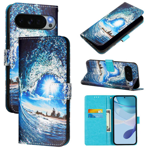 Google Pixel 11 Pro XL Colored Drawing Pattern Plain Weave Leather Phone Case - Waves And Sun
