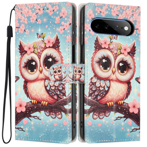 Google Pixel 11 Pro XL Colorful Painting Vegan Leather Phone Case with Lanyard - Cherry Blossom Owl