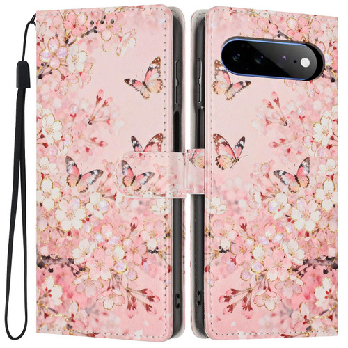 Google Pixel 11 Pro XL Colorful Painting Vegan Leather Phone Case with Lanyard - Pink Flower Butterfly